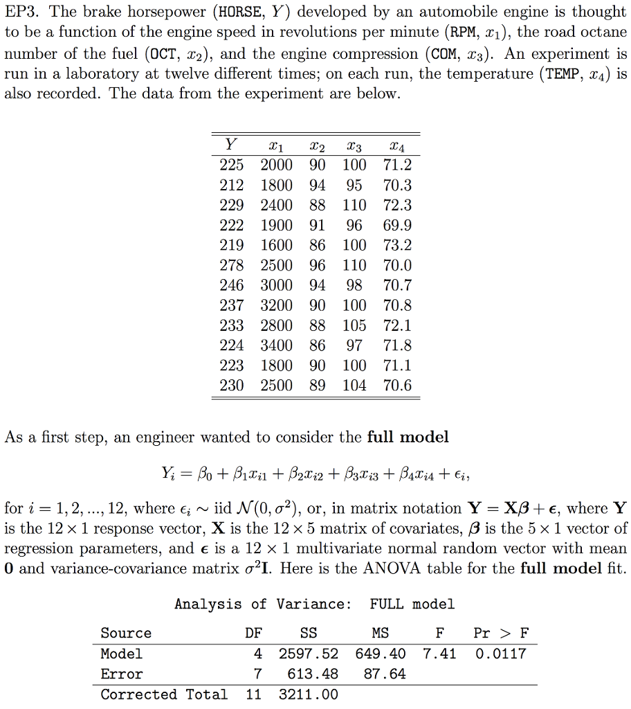Solved EP3. The brake horsepower (HORSE, Y) developed by an