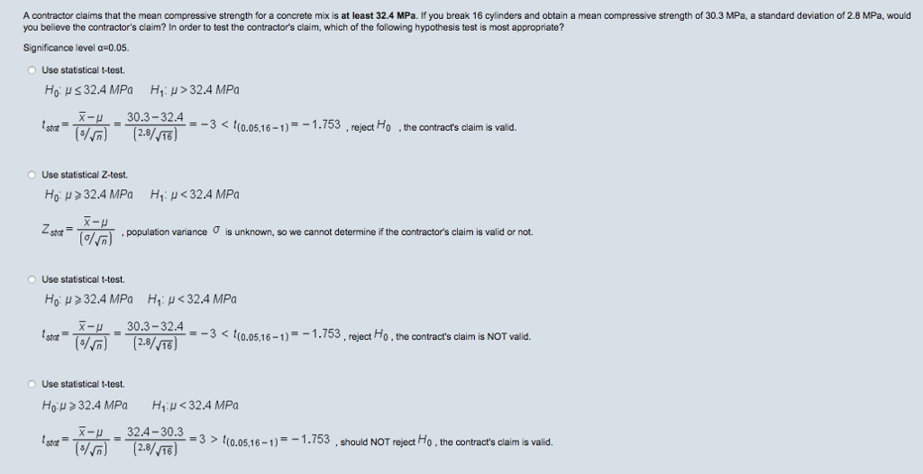 Solved A contractor claims that the mean compressive | Chegg.com