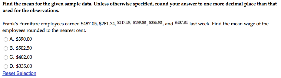 Solved Find the mean for the given sample data. Unless | Chegg.com