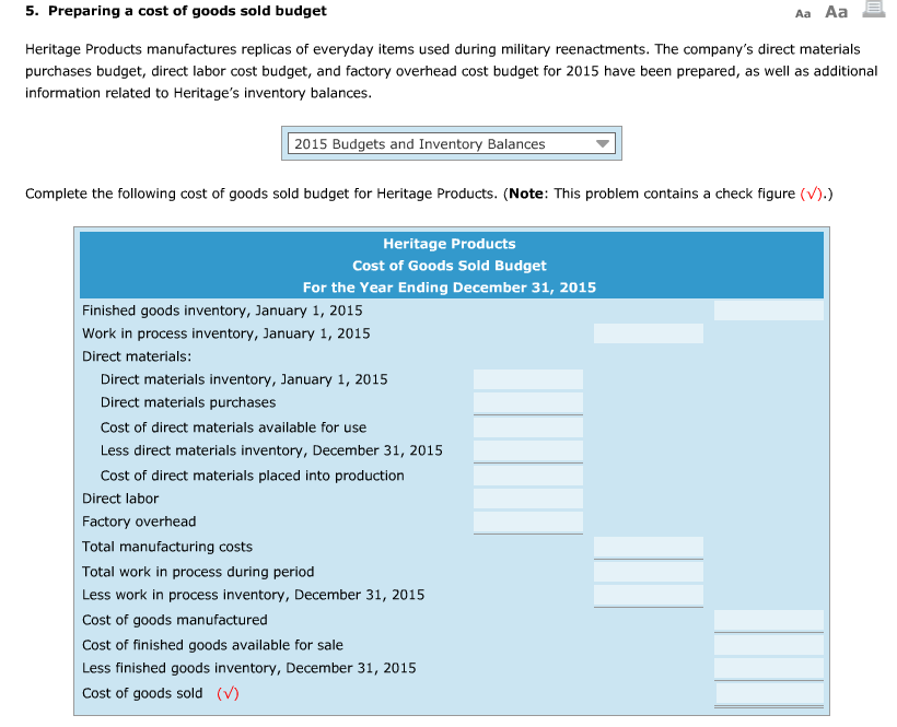 Solved 5. Preparing a cost of goods sold budget Aa Aa | Chegg.com