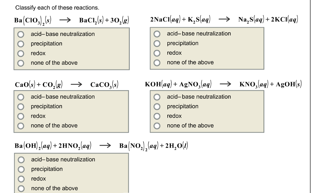 Solved Classify each of these reactions. acid-base | Chegg.com