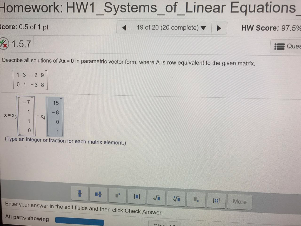 Solved Describe all solutions of Axequals 0 in parametric Chegg