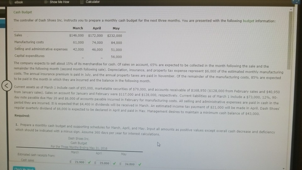 Solved Show Me How Calculator EBook Cash Budget The Chegg