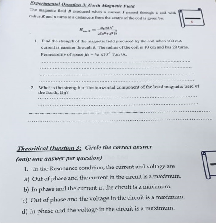 Solved Experimental Question 3: Earth Magnetic Field The | Chegg.com