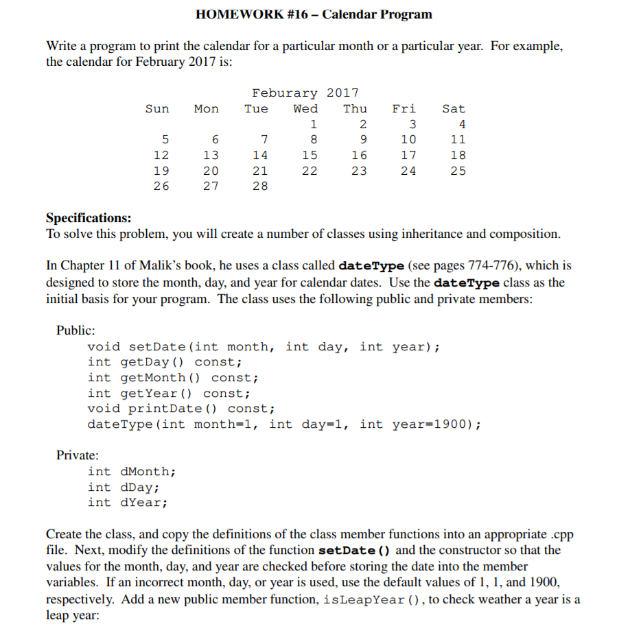 Solved HOMEWORK 16Calendar Program Write a program to