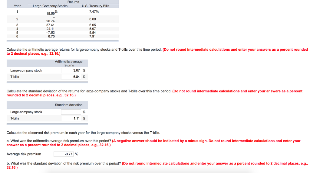 Solved Returns Year Large Company Stocks U.S. Treasury Bills | Chegg.com