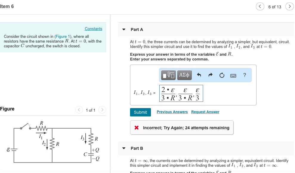 Solved Item 6 6 of 13 > tants Part A Consider the circuit | Chegg.com