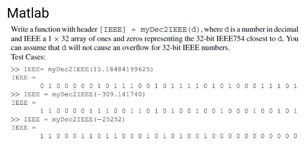 Write a function with header [IEEE] = myDec2IEEE (d), | Chegg.com