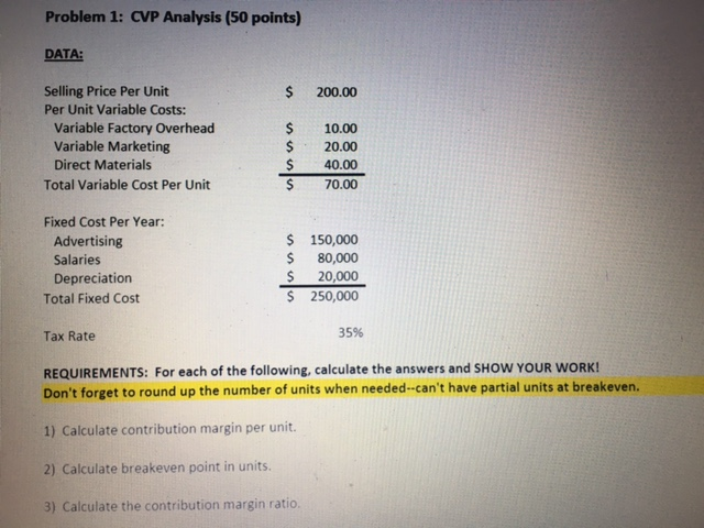 Solved Problem 1: CVP Analysis (50 points) DATA: Selling | Chegg.com
