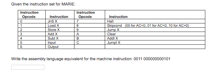 Solved Given the instruction set for MARIE: Write the | Chegg.com