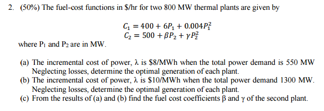 Solved The Fuel cost Functions In hr For Two 800 MW Chegg