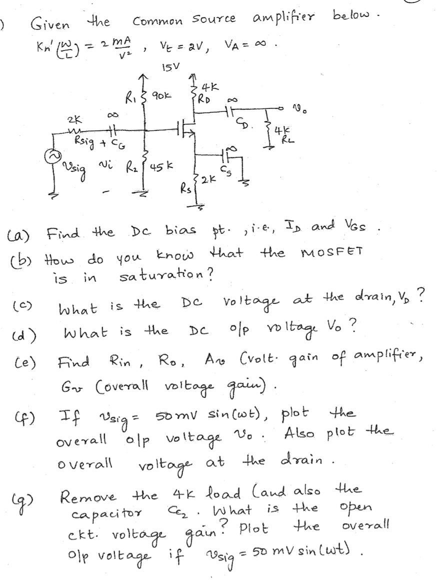 Solved Given the common source amplifier below. K'_n (W/L) = | Chegg.com