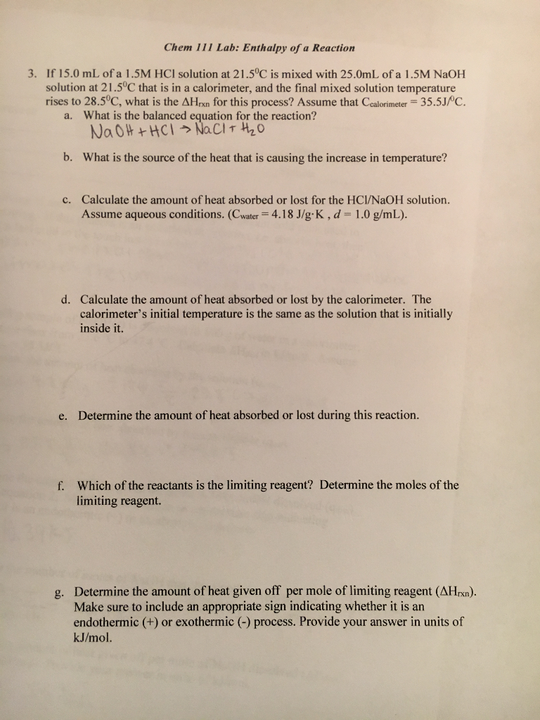 Solved Chem 111 Lab Enthalpy of a Reaction If 15.0 mL of a