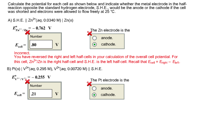 Solved Calculate the potential for each cell as shown below | Chegg.com
