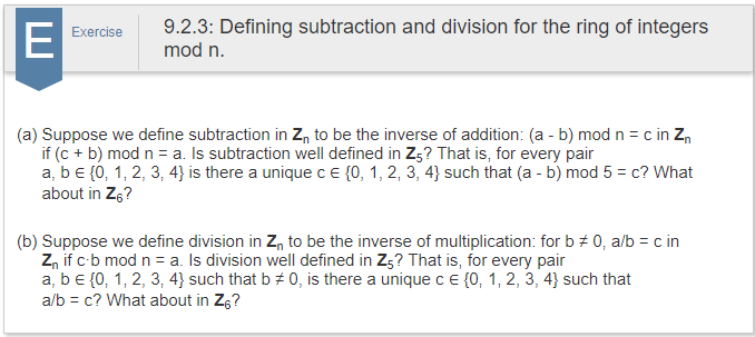 Solved 9.2.3: Defining subtraction and division for the ring | Chegg.com