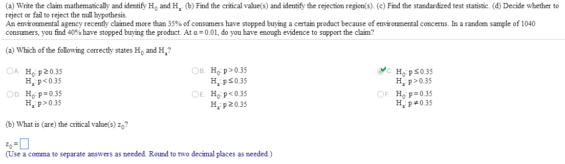 Solved (a) Write the claim mathematically and identify Ho | Chegg.com