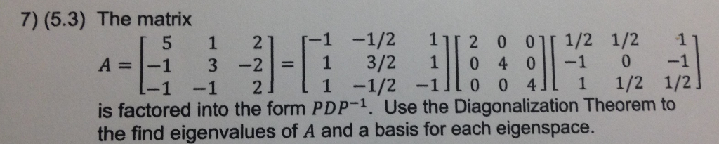 Solved The matrix A = [5 -1 -1 1 3 -1 2 -2 2] = [-1 1 1 | Chegg.com