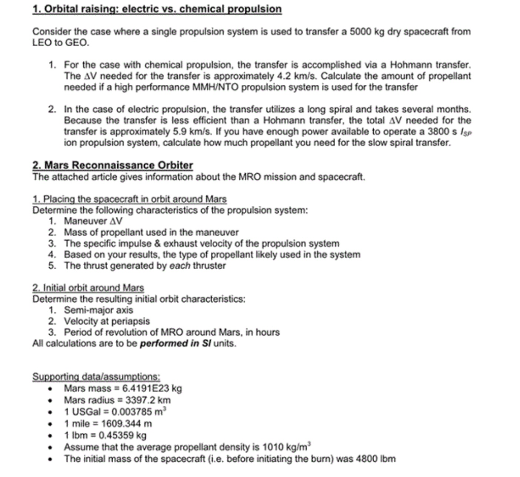 1. Orbital raising: electric vs. chemical propulsion | Chegg.com
