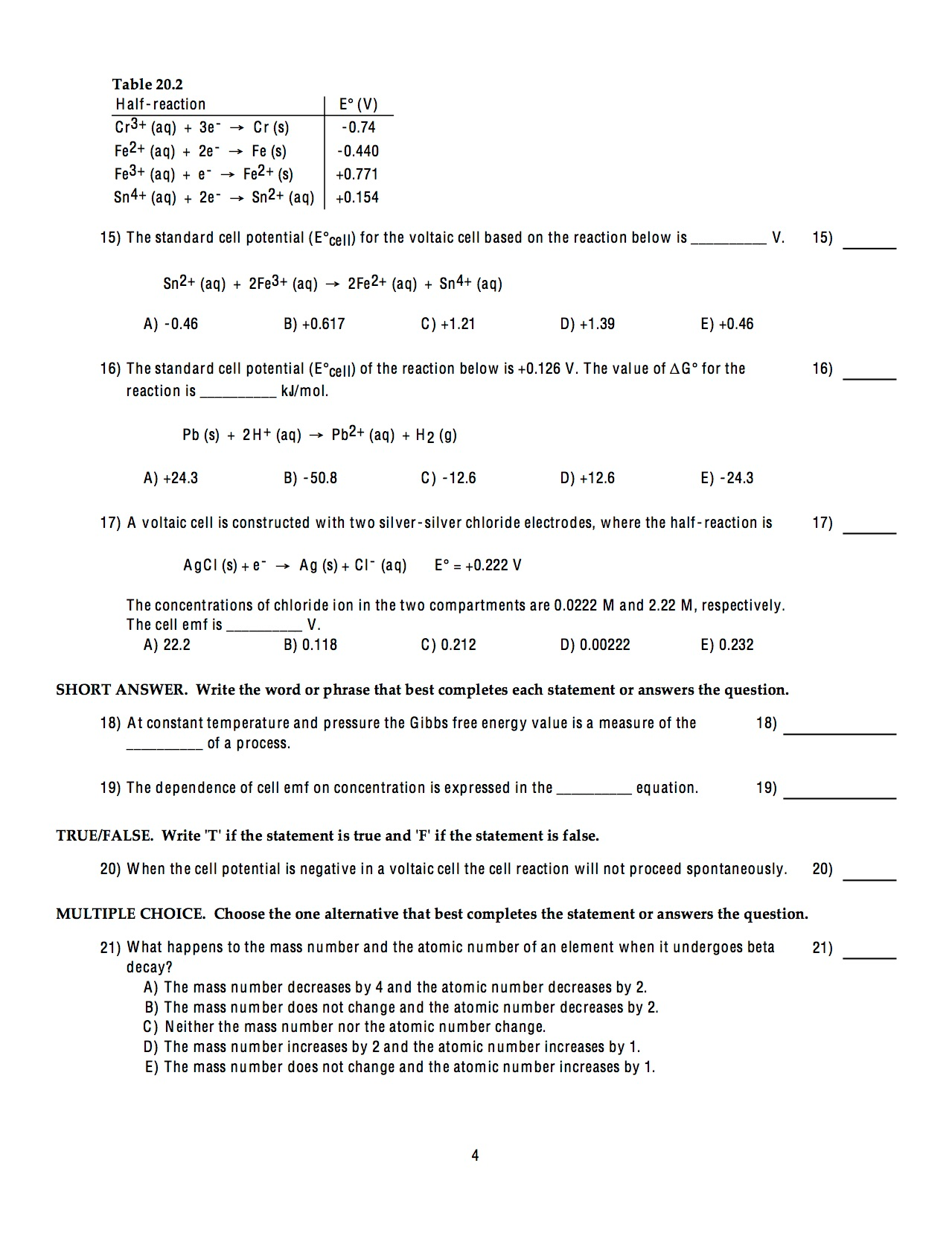 Solved Table 20.2 Half-reaction Cr3+ (aq) + 3e-→ Cr(s) Fe2+ | Chegg.com