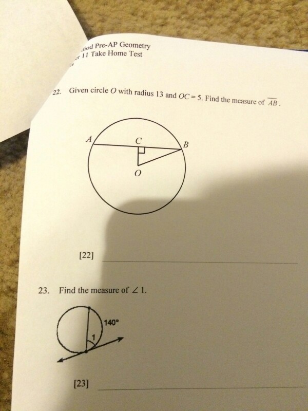 Solved 22. Given circle O with radius 13 and OC = 5. Find | Chegg.com