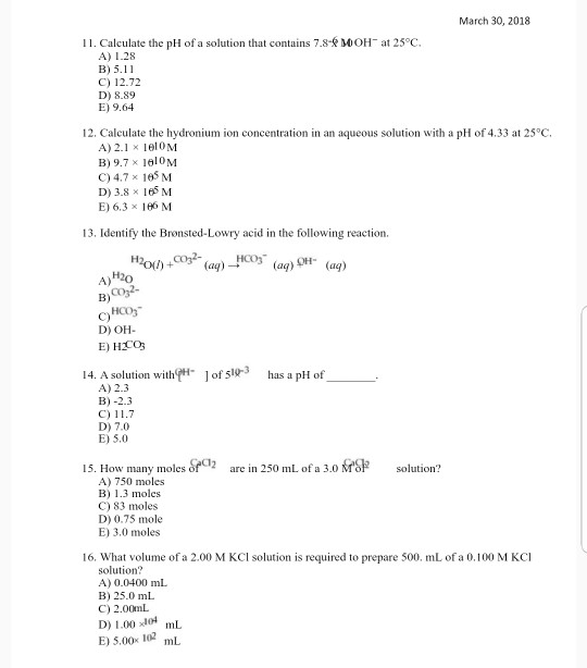 Solved March 30, 2018 11. Calculate the pH of a solution | Chegg.com