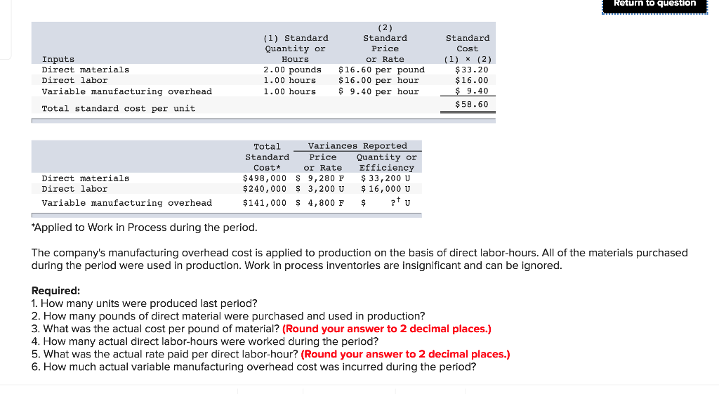 Solved Return to question (1) Standard Quantity or Standard