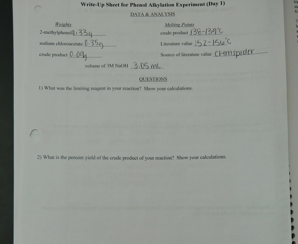 WriteUp Sheet for Phenol Alkylation Experiment (Day