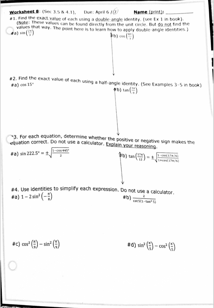 Double Angle Identities Worksheet