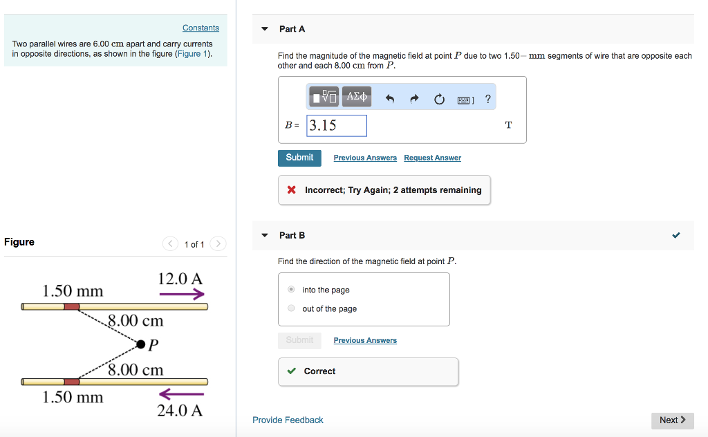 Solved Part A Two parallel wires are 6.00 cm apart and carry