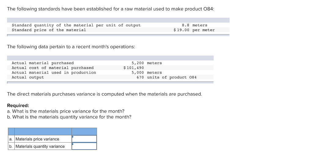 Solved The following standards have been established for a