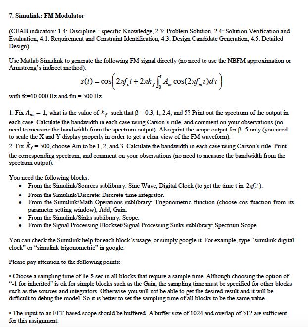 7. Simulink: FMModulator (CEAB indicators: 1.4: | Chegg.com
