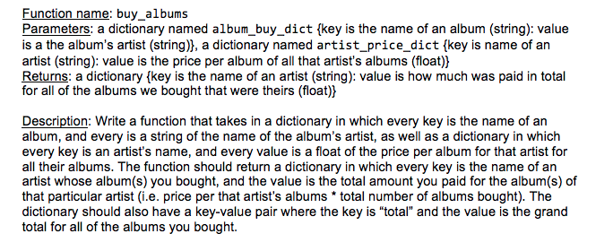 Solved Function name: buy album:s Parameters: a dictionary | Chegg.com