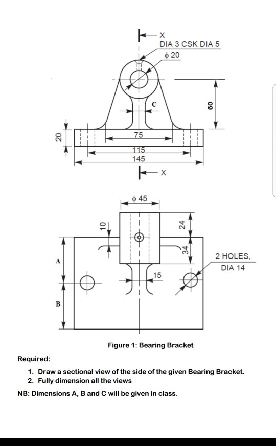 Solved DIA 3 CSK DIA 5 φ20 75 φ 45 寸 寸 2 HOLES, DIA 14 15 | Chegg.com