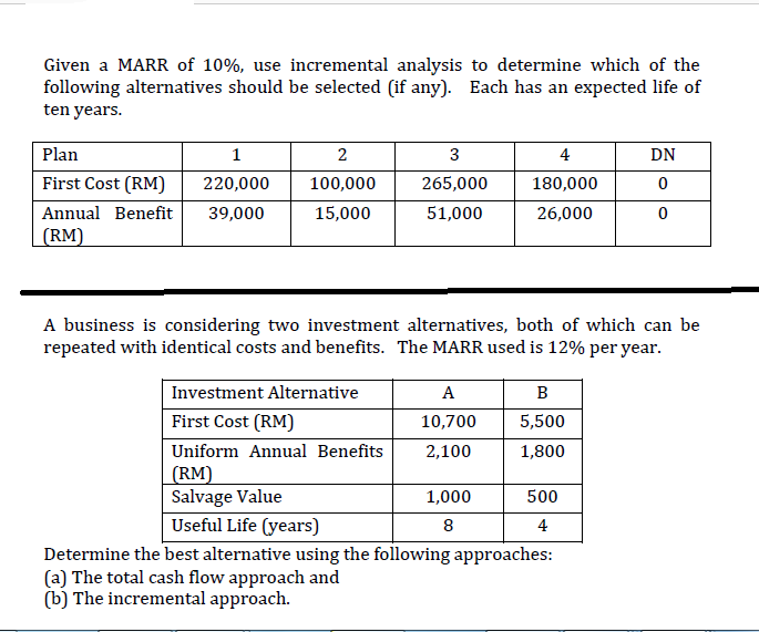 Solved Given a MARR of 10%, use incremental analysis to | Chegg.com