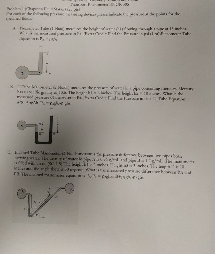 Solved For each of the following pressure measuring devices | Chegg.com