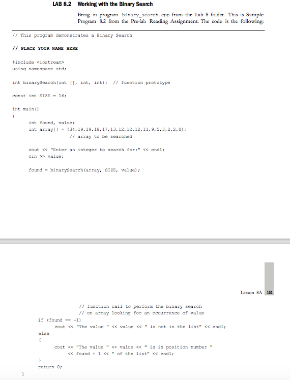 Solved LAB 8.2 Working with the Binary Searclh Bring in | Chegg.com
