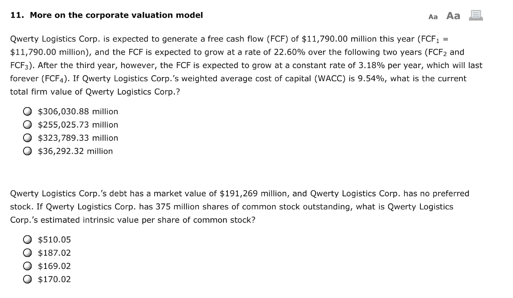 Solved 11. More on the corporate valuation model Aa Aa