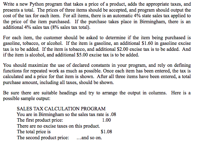 Solved Write a new Python program that takes a price of a | Chegg.com