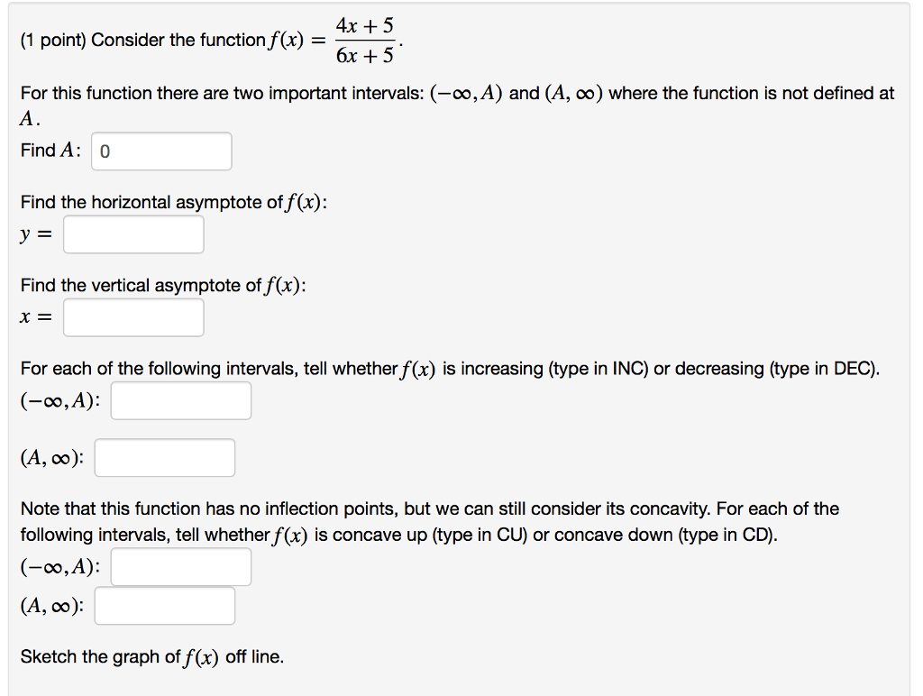Solved 4x +5 6x 5 (1 point) Consider the function,f(x) = For | Chegg.com