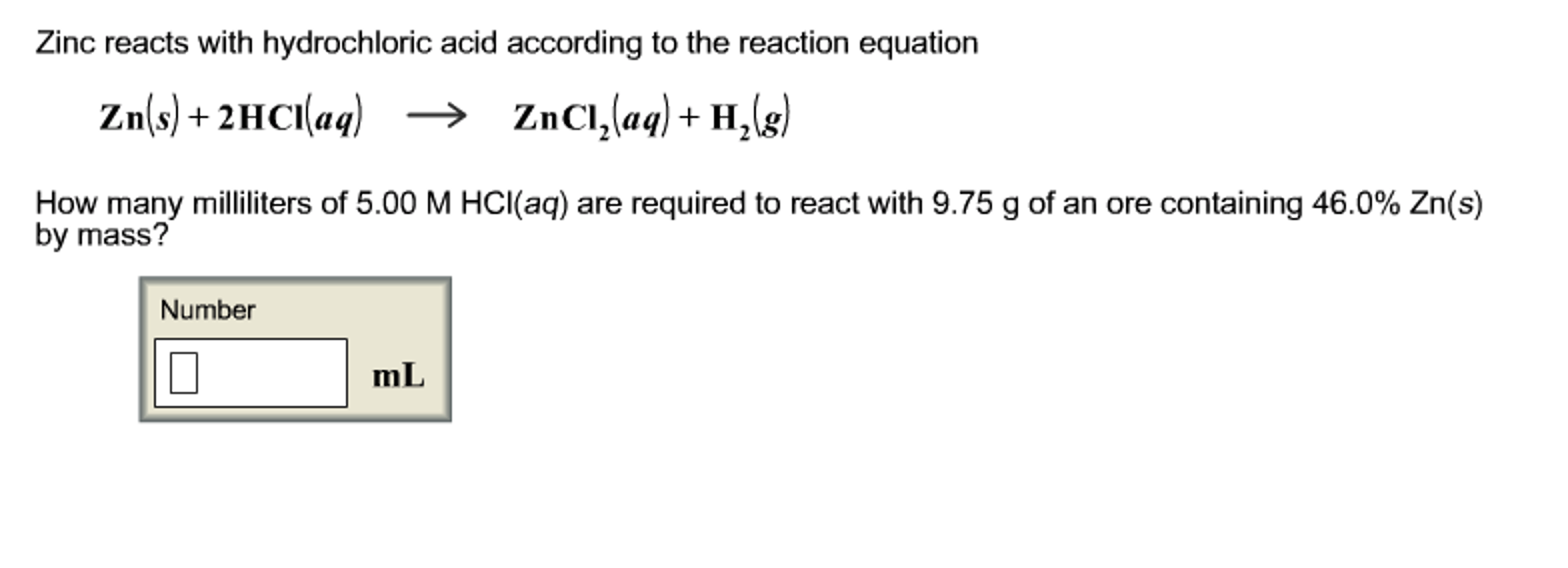 Solved Zinc reacts with hydrochloric acid according to the
