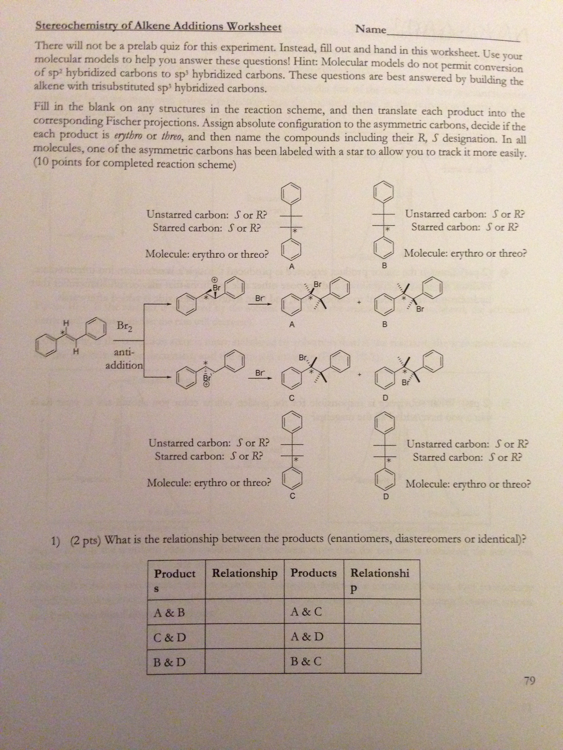 Solved: Stereochemistry Of Alkene Additions Worksheet I Am... | Chegg.com