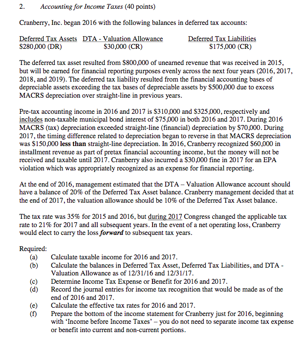 2.Accounting for Income Taxes (40 points) Cranberry, | Chegg.com