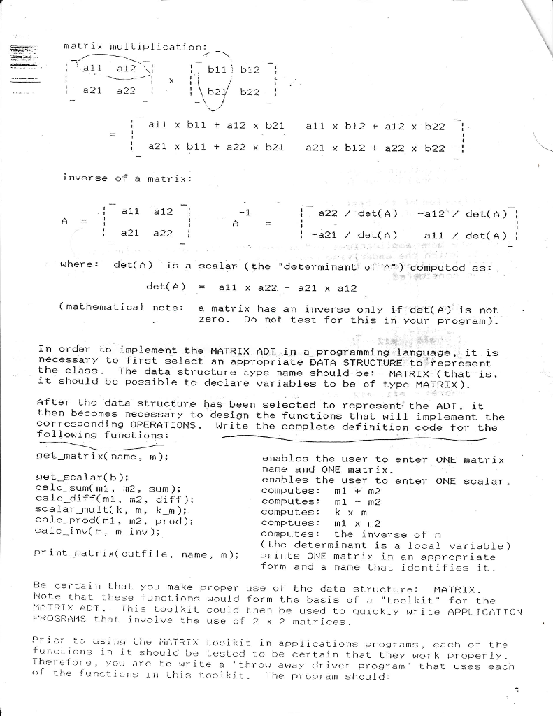 Pr ogr amming Assignment: Abstract Data Type - Matrix | Chegg.com