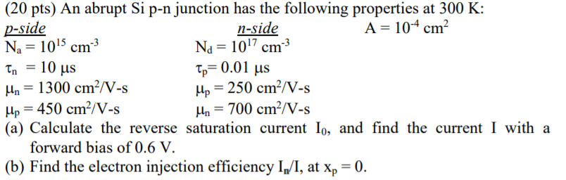 Solved (20 pts) An abrupt Si p-n junction has the following | Chegg.com