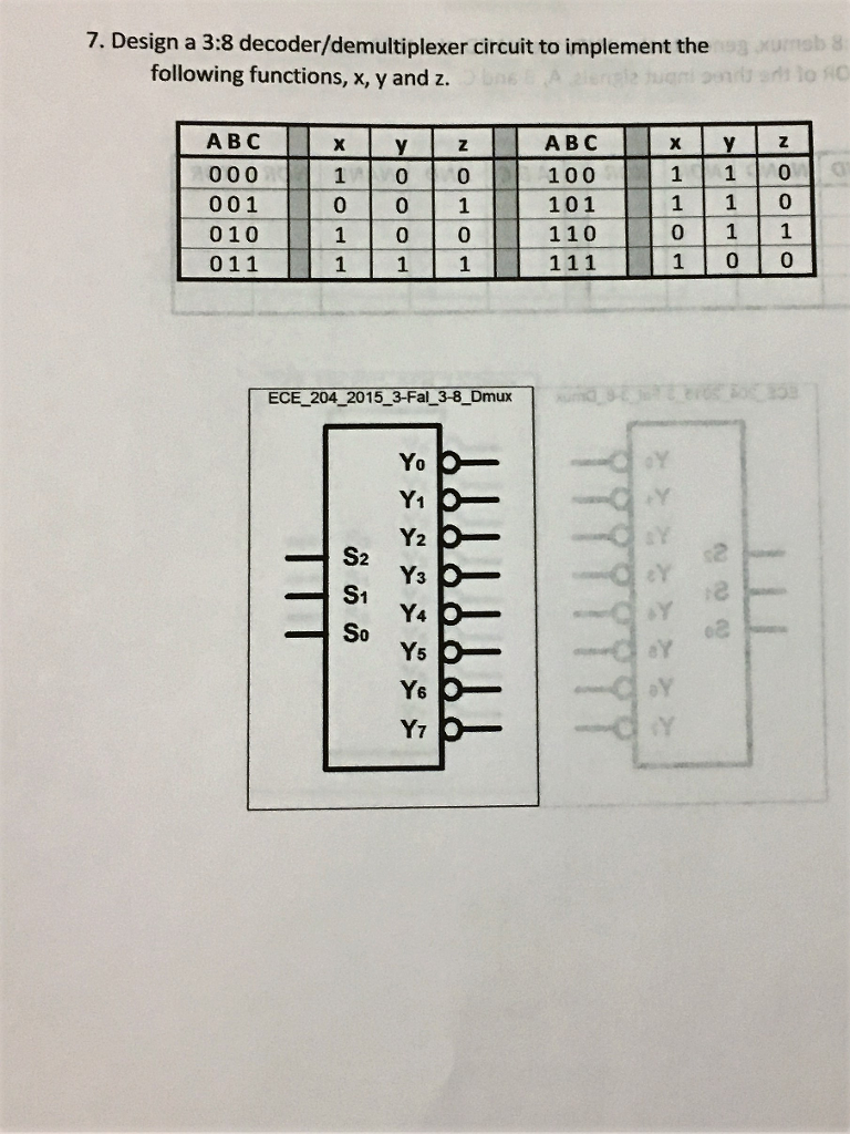 Solved 7. Design a 3:8 decoder/demultiplexer circuit to | Chegg.com