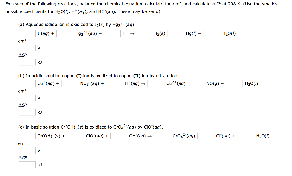 Solved For each of the following reactions, balance the | Chegg.com