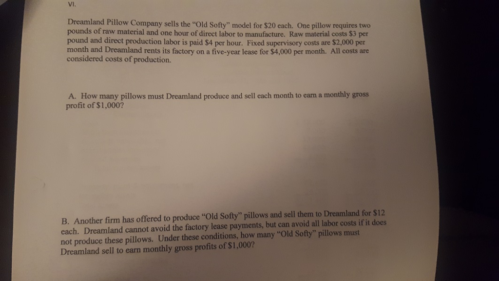 Solved Dreamland Pillow Company sells the "Old Softy" model