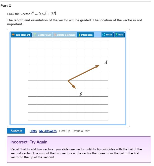 Solved Draw the vector C=0.5A+2B I keep getting the | Chegg.com