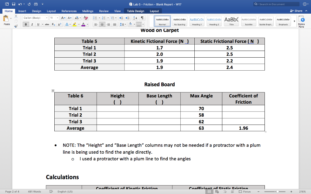 Solved a Lab 5 Friction Blank Report w17 Search Documen