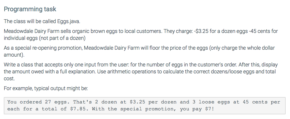 Solved Programming task The class will be called Eggs java. | Chegg.com